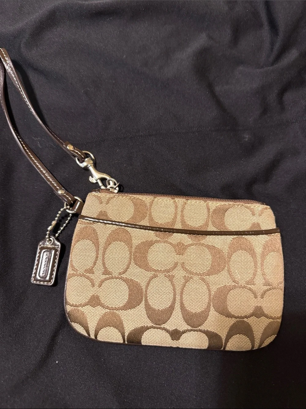 Coach Brown Signature Canvas Wristlet with Leather Trim